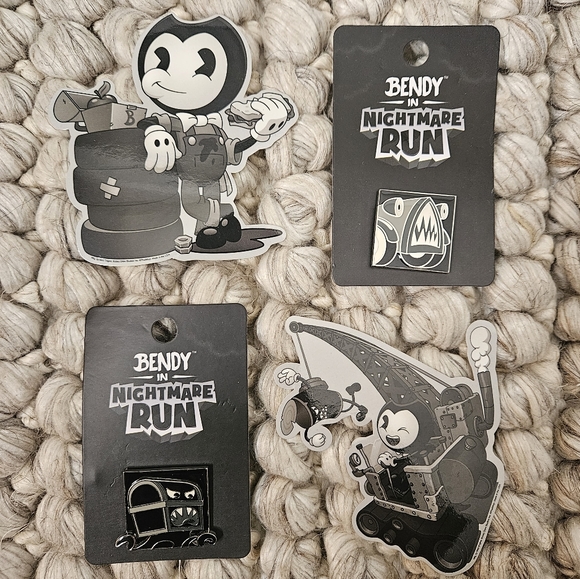 Bendy and the Ink Machine 2 Enamel Pins and 2 Stickers Lot BATIM Collectible - Picture 1 of 6